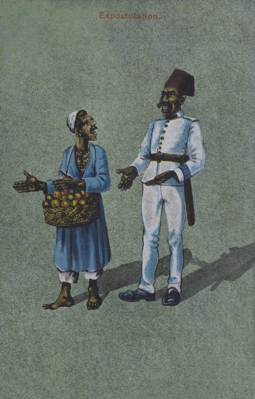 Vendedor ambulante discutiendo con un hombre de uniforme (litografía en color) de European School