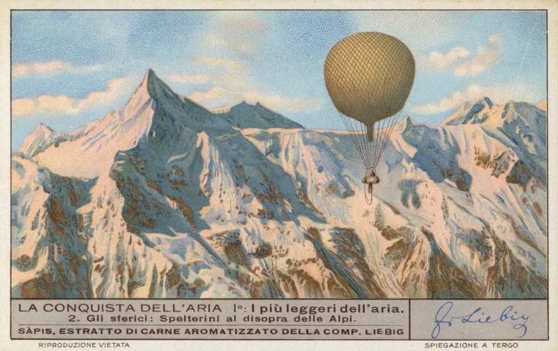 El aeronauta suizo Eduard Spelterini sobrevolando los Alpes (cromolito) de European School