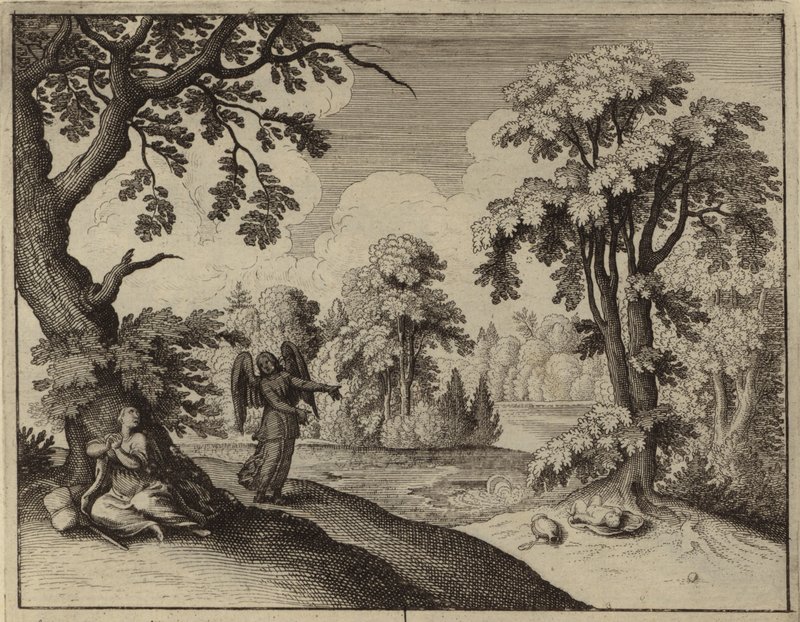 El ángel consolando a Agar en el desierto (grabado) de European School