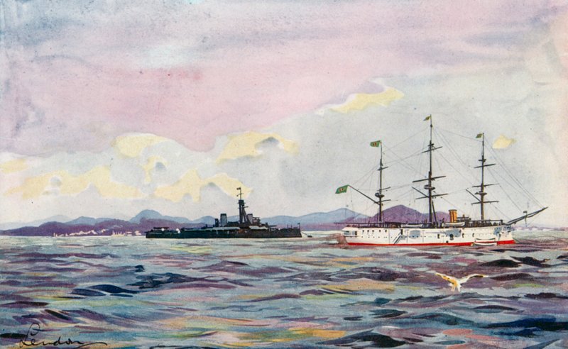 El crucero de entrenamiento "Benjamin Constant" y el acorazado "Minas Geraes" en el puerto de Río (litografía en color) de European School