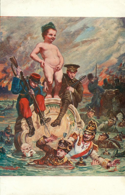 La venganza del Manneken Pis (litografía en color) de European School