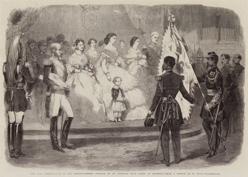 La guerra, presentación a la Emperatriz-Regente Eugenia de una bandera austriaca tomada en Magenta de European School