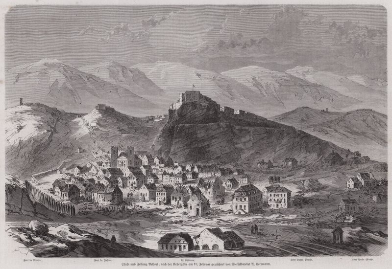 Ciudad y fortaleza de Belfort, Francia, después de su rendición a los alemanes sitiadores, Guerra Franco-Prusiana de European School