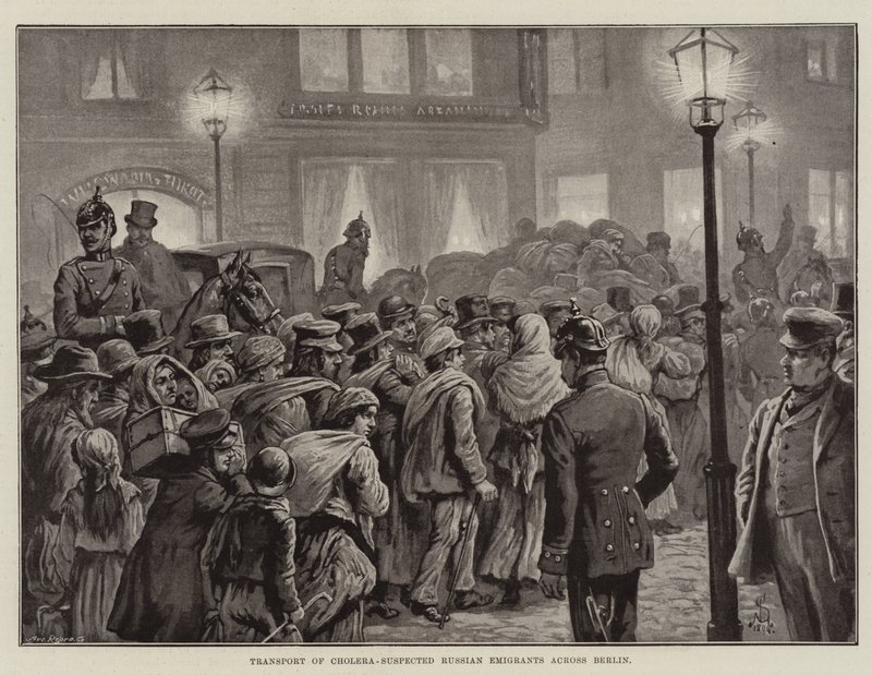 Transporte de emigrantes rusos sospechosos de cólera a través de Berlín (litografía) de European School
