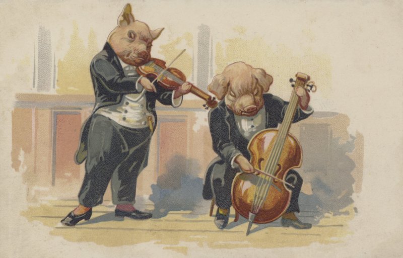 Dos cerdos tocando instrumentos musicales (litografía en color) de European School