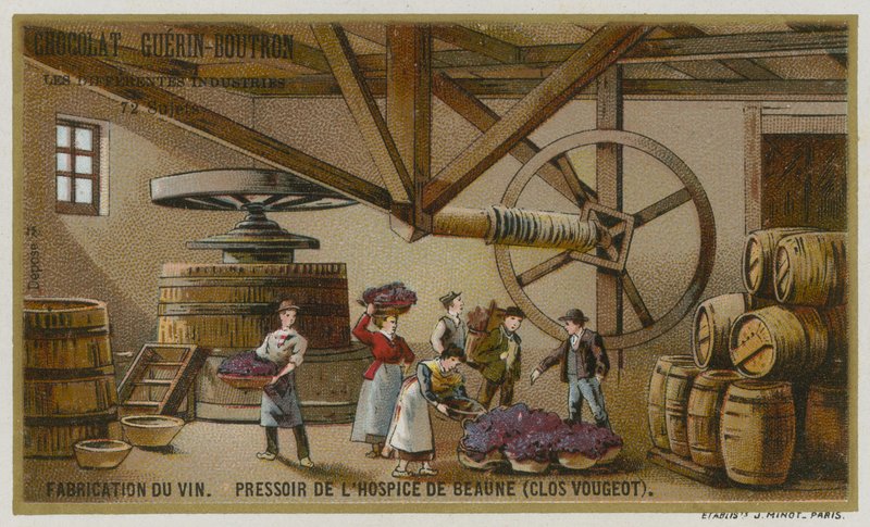 Elaboración de vino: prensa de vino de los Hospices de Beaune, Clos de Vougeot, Borgoña, Francia de European School