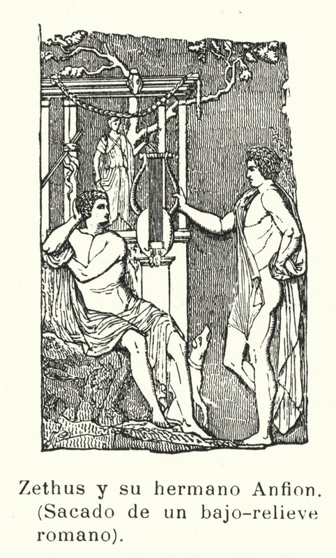 Zeto y Anfión, hijos gemelos de Zeus, bajorrelieve romano (litografía) de European School