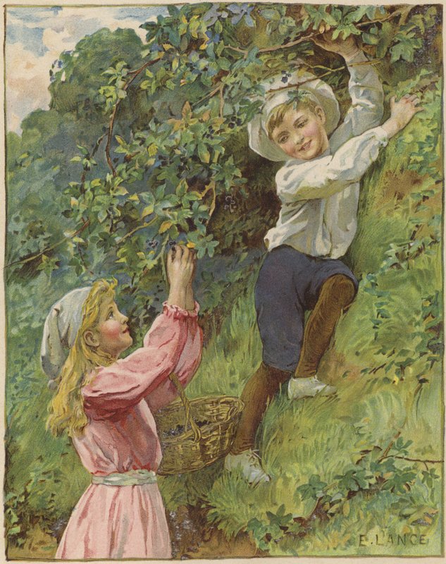 Una niña y un niño recogiendo moras de Eveline Lance