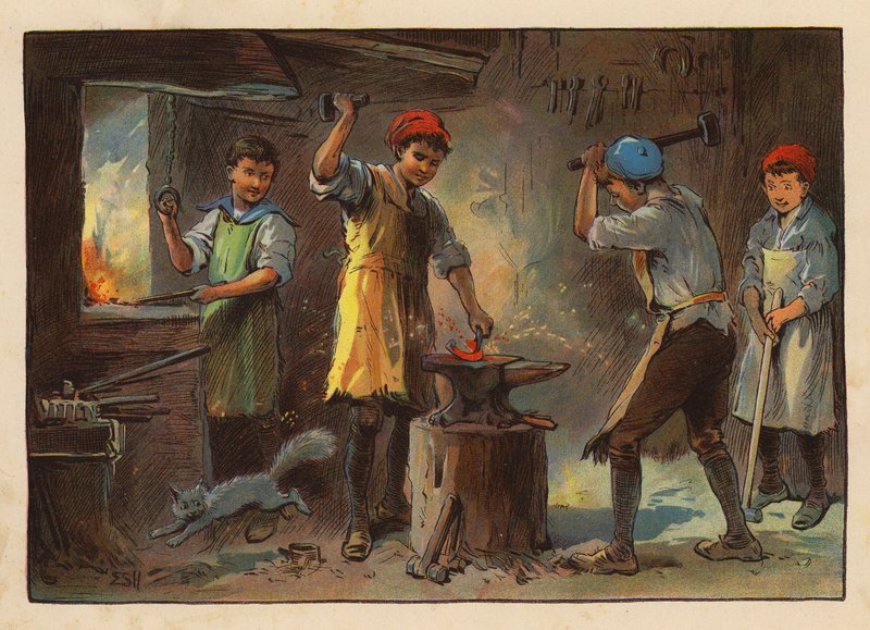Pequeños trabajadores: El herrero (litografía en color) de Evelyn Stuart Hardy