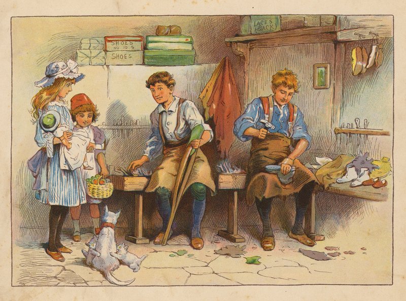 Pequeños trabajadores: El fabricante de botas y zapatos (litografía en color) de Evelyn Stuart Hardy