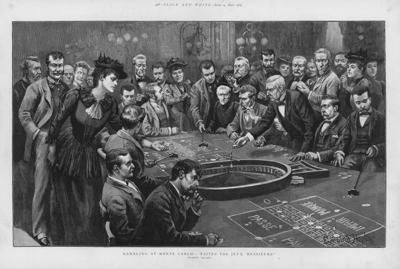 Jugando en una mesa de ruleta en el casino de Monte Carlo, Mónaco de Everard Hopkins