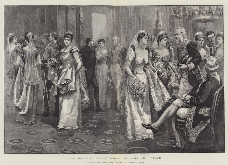 El salón de dibujo de la Reina, Palacio de Buckingham, escena en el salón verde después de la presentación de Everard Hopkins
