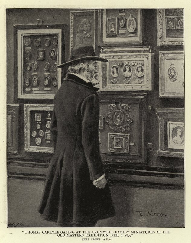 Thomas Carlyle mirando las miniaturas de la familia Cromwell en la exposición de los Viejos Maestros, 6 de febrero de 1879 de Eyre Crowe