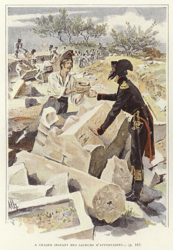 Un soldado pasando una olla a otro soldado entre las ruinas de Nicópolis de Felicien baron de Myrbach Rheinfeld