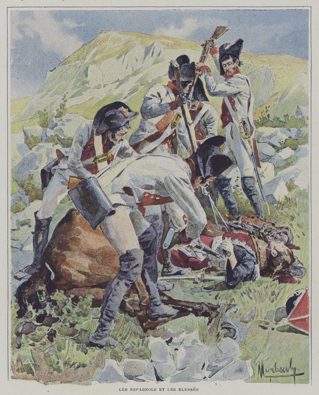Tropas españolas matando a soldados heridos de Felicien baron de after Myrbach Rheinfeld