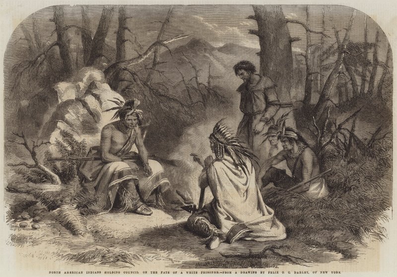 Indios norteamericanos celebrando un consejo sobre el destino de un prisionero blanco de Felix Octavius Carr Darley