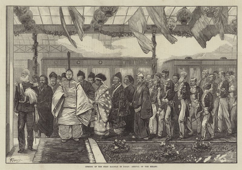 Inauguración del primer ferrocarril en Japón, llegada del Mikado de Felix Regamey