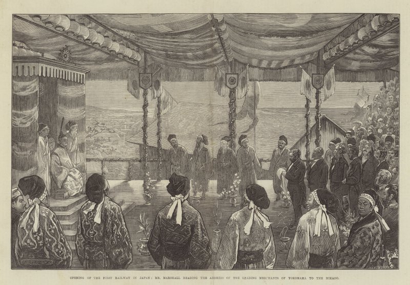 Apertura del primer ferrocarril en Japón, el Sr. Marshall leyendo el discurso de los principales comerciantes de Yokohama al Mikado de Felix Regamey