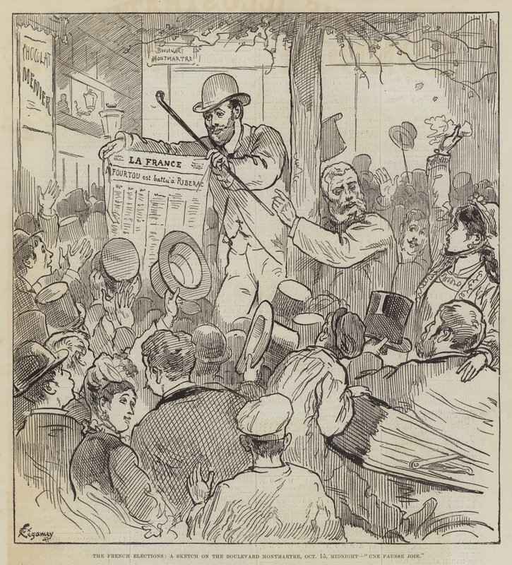 Las Elecciones Francesas, un Boceto en el Boulevard Montmartre, 15 de octubre, Medianoche, Una Falsa Alegría de Felix Regamey