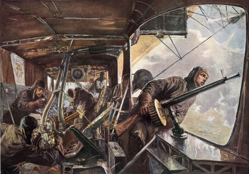 En la parte trasera de un Zeppelin mientras regresaba después de un ataque exitoso a Inglaterra de Felix Schwormstadt