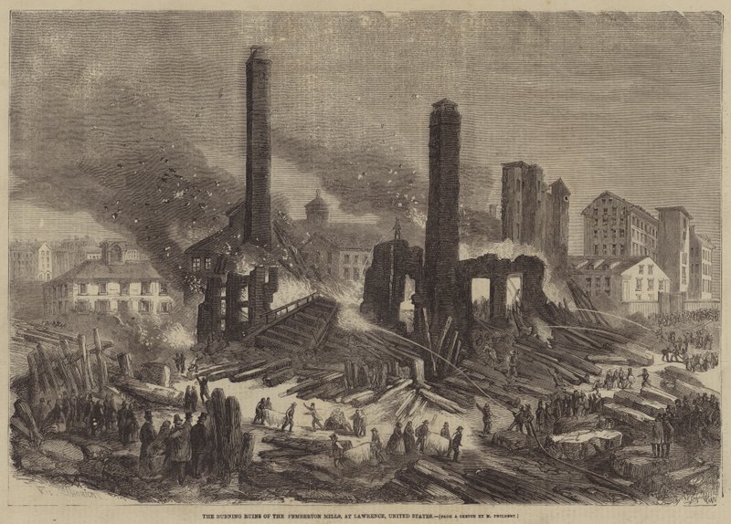 Las ruinas ardientes de los molinos Pemberton, en Lawrence, Estados Unidos de Felix Thorigny