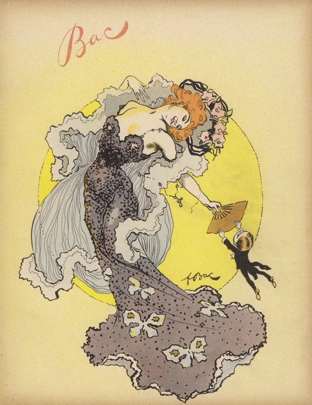 Hombre colgado del abanico de una bella mujer (litografía en color) de Ferdinand Sigismund Bac