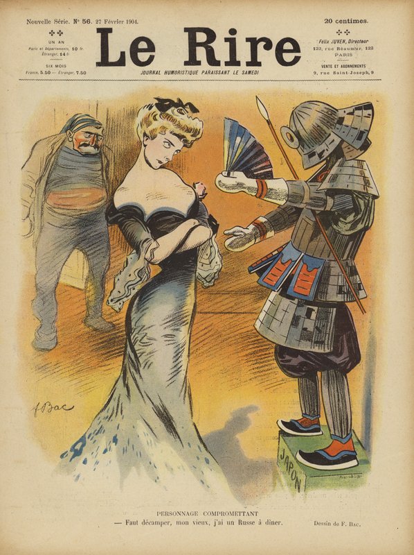 Sátira sobre las relaciones de Francia con Japón a medida que aumentaban las tensiones entre japoneses y franceses (litografía en color). de Ferdinand Sigismund Bac