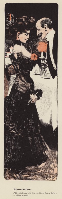 Hombre charlando con una mujer joven (litografia en color) de Ferdinand von Reznicek
