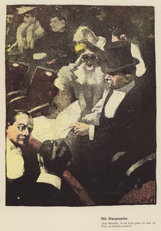 Mujer mirando a través de un par de anteojos de ópera en el teatro (litografia en color) de Ferdinand von Reznicek