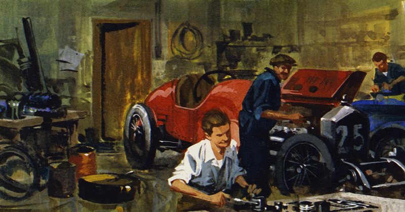 Juan-Manuel Fangio fue aprendiz del piloto Viggiano (litografía en color) de Ferdinando Tacconi