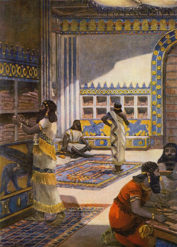La famosa biblioteca del rey Ashur-bani-pal en Nínive (litografía en color) de Fernand Le Quesne