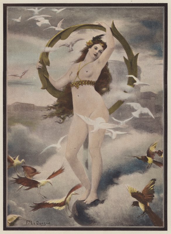 Mujer rodeada de pájaros (litografia en color) de Fernand Le Quesne