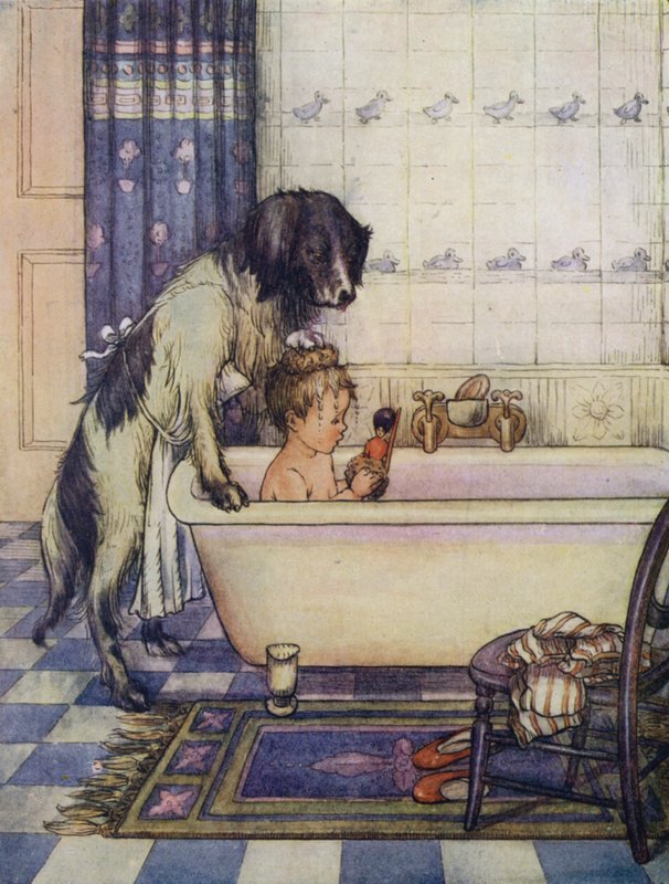 Nana bañando a uno de los pequeños Darling (litografía en color) de Flora White