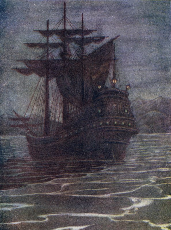 Barco pirata, la casa del viejo Garfio (litografía en color) de Flora White