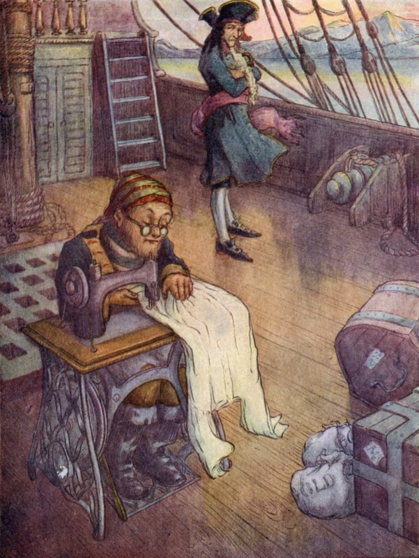 Smee, el contramaestre, trabajando con su máquina de coser (litografía en color) de Flora White