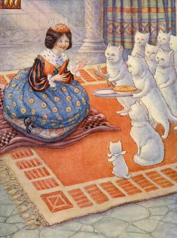 Los gatos trajeron a la princesa pastel de ratón (litografía en color) de Flora White