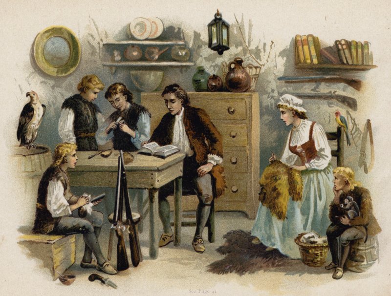 Escena de La familia suiza Robinson: El padre leyendo a la familia en el Castillo de las Rocas (cromolito) de Florence Maplestone