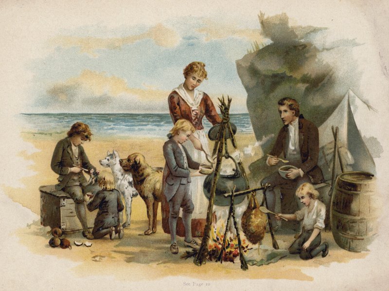 Escena de La familia suiza Robinson: la hora de la cena después de la primera expedición (cromolito) de Florence Maplestone