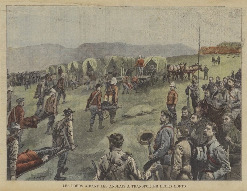 Bóers ayudando a los británicos a mover a sus muertos del campo de batalla de Fortune Louis Meaulle