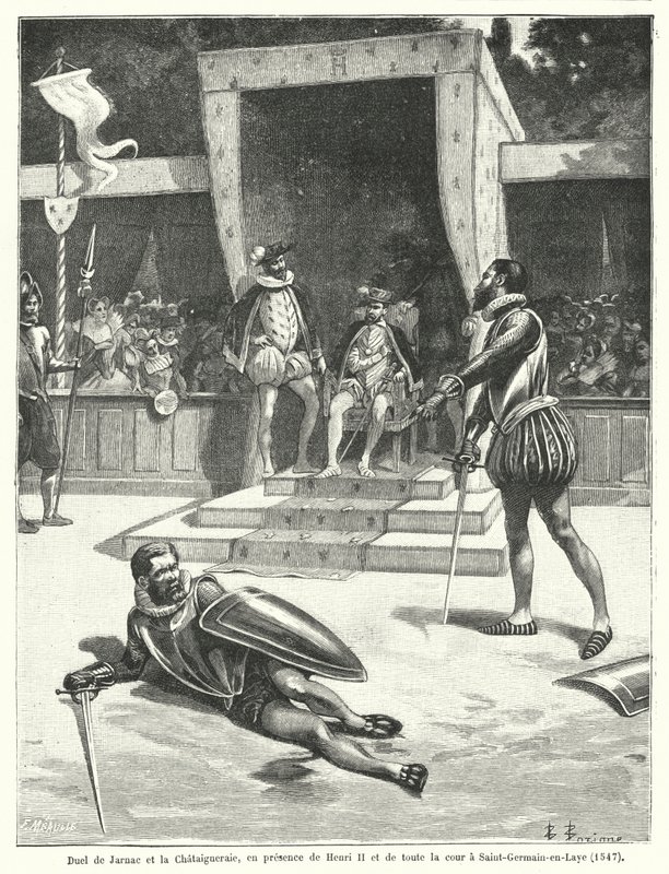 Duelo entre Guy Cabot de Jarnac y François de Vivonne, Señor de la Chataigneraie frente al Rey Enrique II de Francia y toda su corte en St Germain-en-Laye de Fortune Louis Meaulle