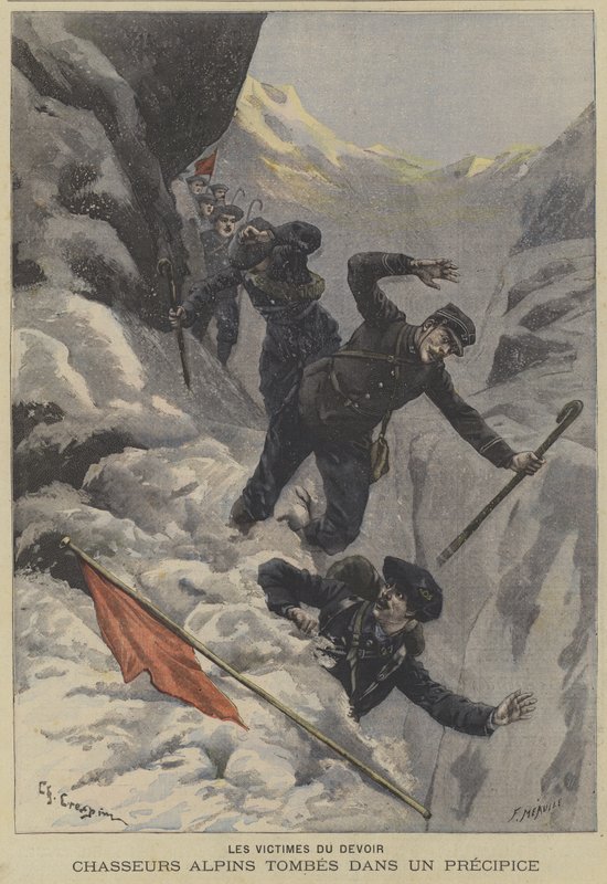 Tropas de montaña Chasseurs Alpins franceses cayendo por un precipicio de Fortune Louis Meaulle