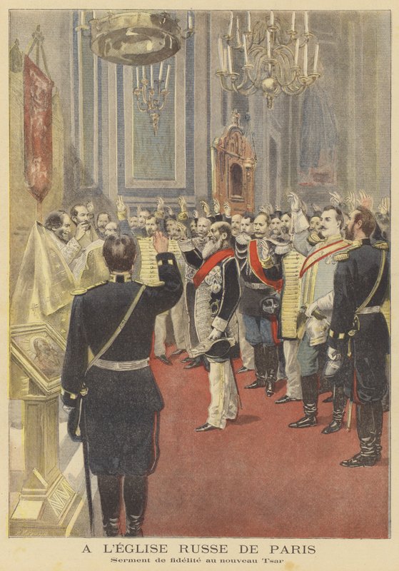 Juramento de lealtad al nuevo zar en la iglesia rusa en París de Fortune Louis Meaulle