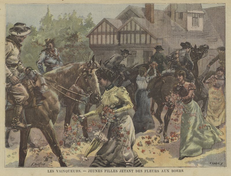 Jóvenes lanzando flores a las tropas bóer victoriosas en Sudáfrica de Fortune Louis Meaulle