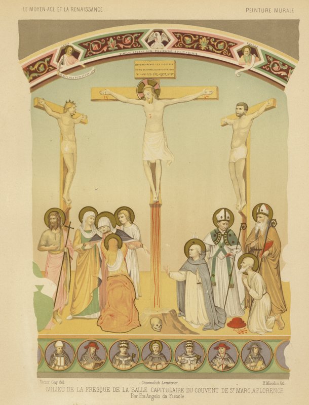 La Crucifixión de Jesucristo, fresco en el convento de San Marco, Florencia (chromolitho) de Fra (after) Angelico