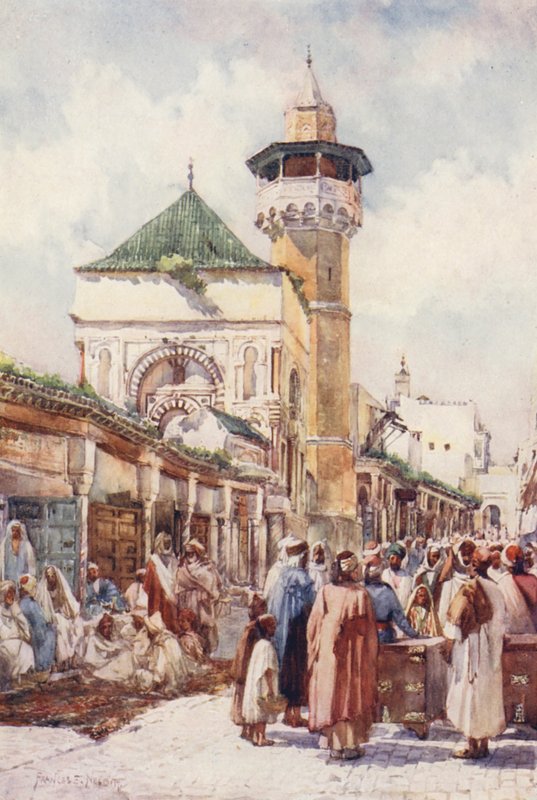 Mezquita de Sidi Ben Ziad, Túnez, el día de la subasta (litografía en color) de Frances Nesbitt