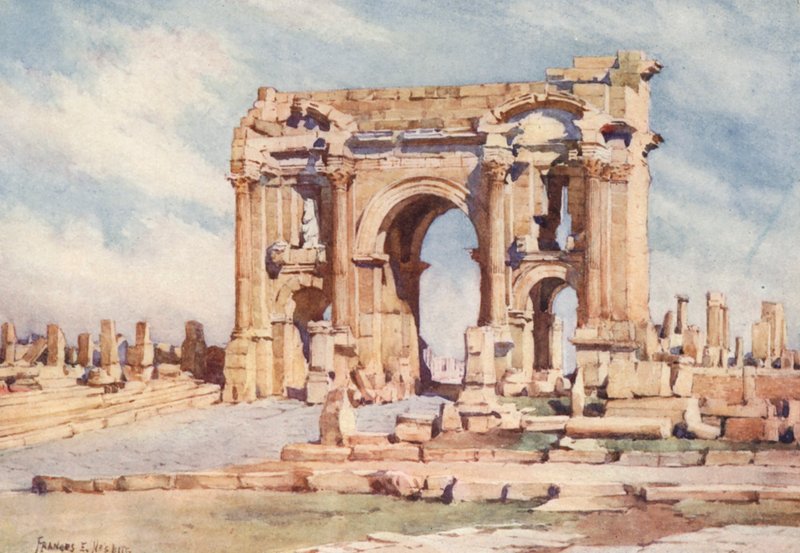 El Arco de Trajano, Timgad (litografía en color) de Frances Nesbitt