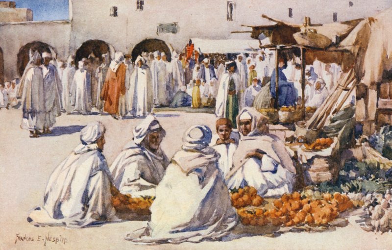 El Mercado de Frutas, Biskra (litografía en color) de Frances Nesbitt