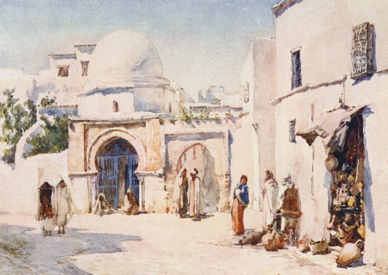 La zauia de la calle Tourbet el Bey, Túnez (litografía en color) de Frances Nesbitt