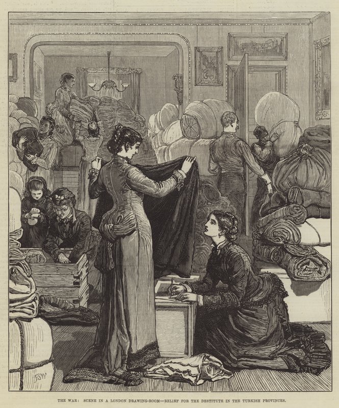 La guerra, escena en un salón de Londres, alivio para los desamparados en las provincias turcas de Francis S. Walker