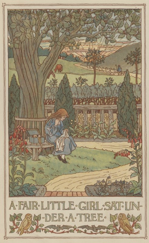 Una hermosa niña sentada bajo un árbol (litografía en color) de Francis Donkin Bedford